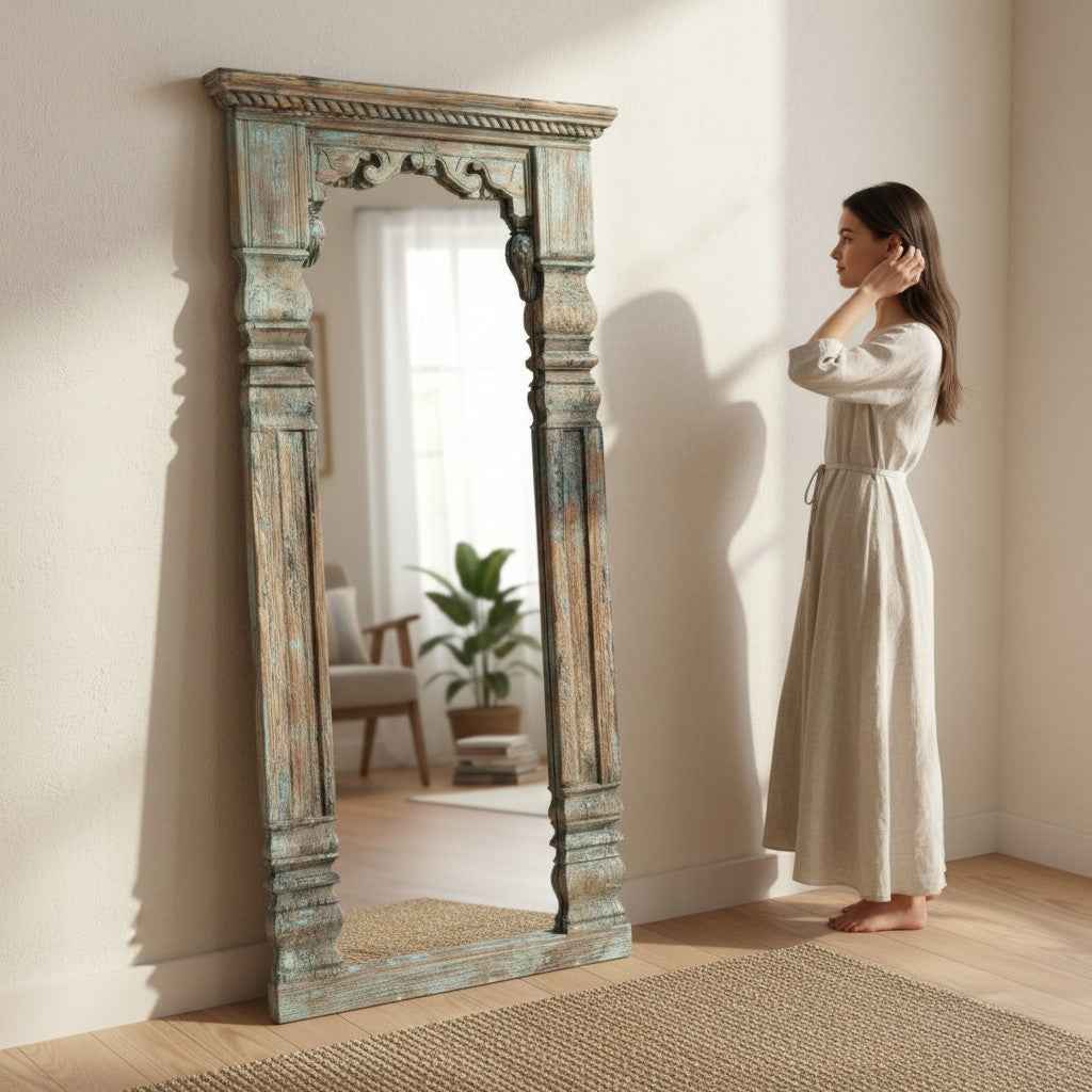 KB ART Distressed Blue Architectural Pillar Solid Wood Floor Mirror – Handcrafted Rajasthani Jodhpur Home Decor