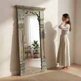 KB ART Distressed Blue Architectural Pillar Solid Wood Floor Mirror – Handcrafted Rajasthani Jodhpur Home Decor