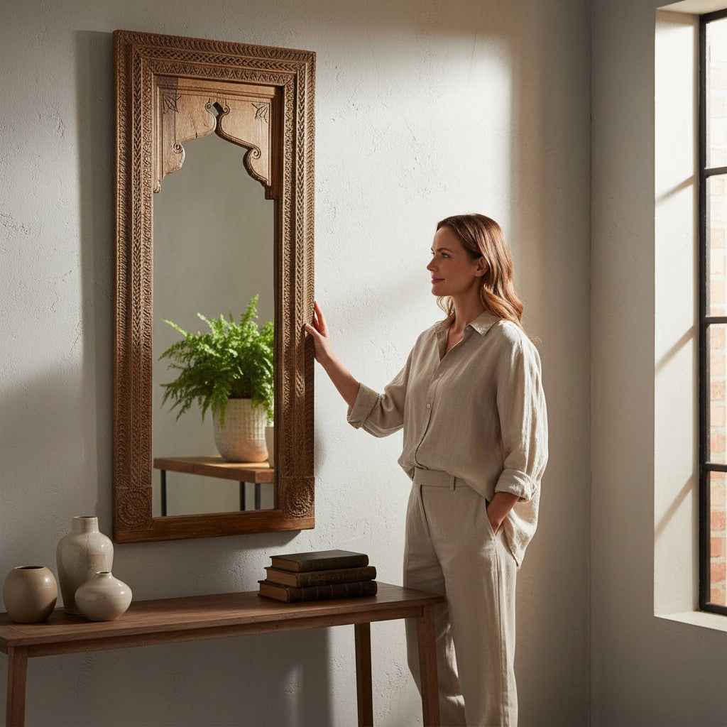 KB ART Natural Wood Carved Jharokha Solid Wood Wall Mirror – Handcrafted Rajasthani Jodhpur Home Decor