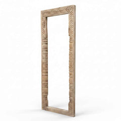 KB ART Light Natural Wood Carved Pillar Solid Wood Wall Mirror – Handcrafted Rajasthani Jodhpur Home Decor