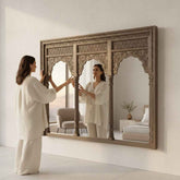 KB ART Natural Wood Intricate Carved Triple Arch Solid Wood Wall Mirror – Handcrafted Rajasthani Jodhpur Home Decor