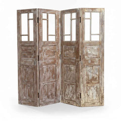 KB ART Distressed White Asymmetric Folding Screen – Handcrafted Rajasthani Antique Folding Screen for Home Decor Styling