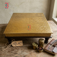 KB ART Royal Brass Embossed Square Wooden Chowki – Traditional Handcrafted Pooja Bajot and Low Seating Stool for Home Mandir
