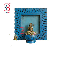 KB ART Wooden Blue Carved Temple Shelf Shiva - Close-Up of Hand-Carved Artisan Texture - Handcrafted Wooden Decor Jodhpur