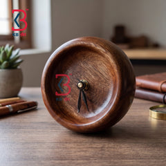 KB ART Minimalist Round Wooden Table Clock - Front View of Handcrafted Detailing - Handcrafted Wooden Decor Jodhpur