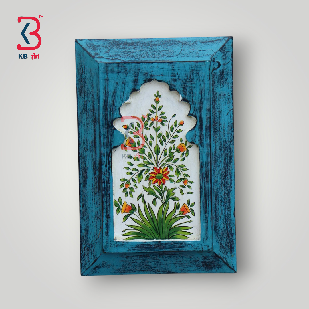 KB ART Handpainted Wooden Jharokha Wall Panel – Turquoise Floral Mughal Arch Decor | Antique Look Wall Hanging