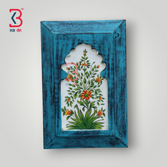 KB ART Handpainted Wooden Jharokha Wall Panel – Turquoise Floral Mughal Arch Decor | Antique Look Wall Hanging
