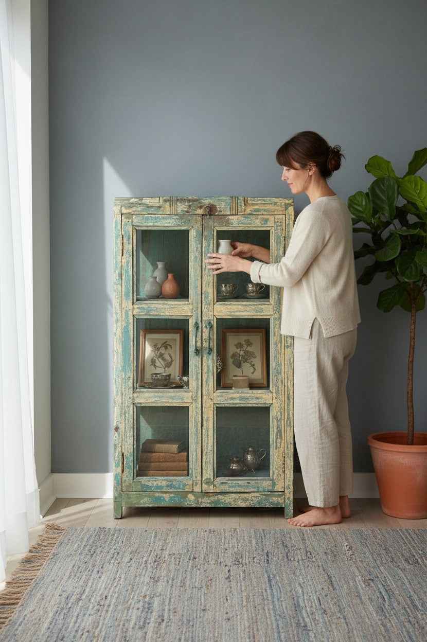 Double Door Antique Almirah - Genuine Antique Solid Wood Almirah, Hand-Restored by Rajasthani Artisans in India, One-of-a-Kind Heritage Piece