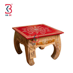 KB ART Traditional Red Handpainted Chowki Stool - Front View of Handcrafted Detailing - Handcrafted Wooden Decor Jodhpur