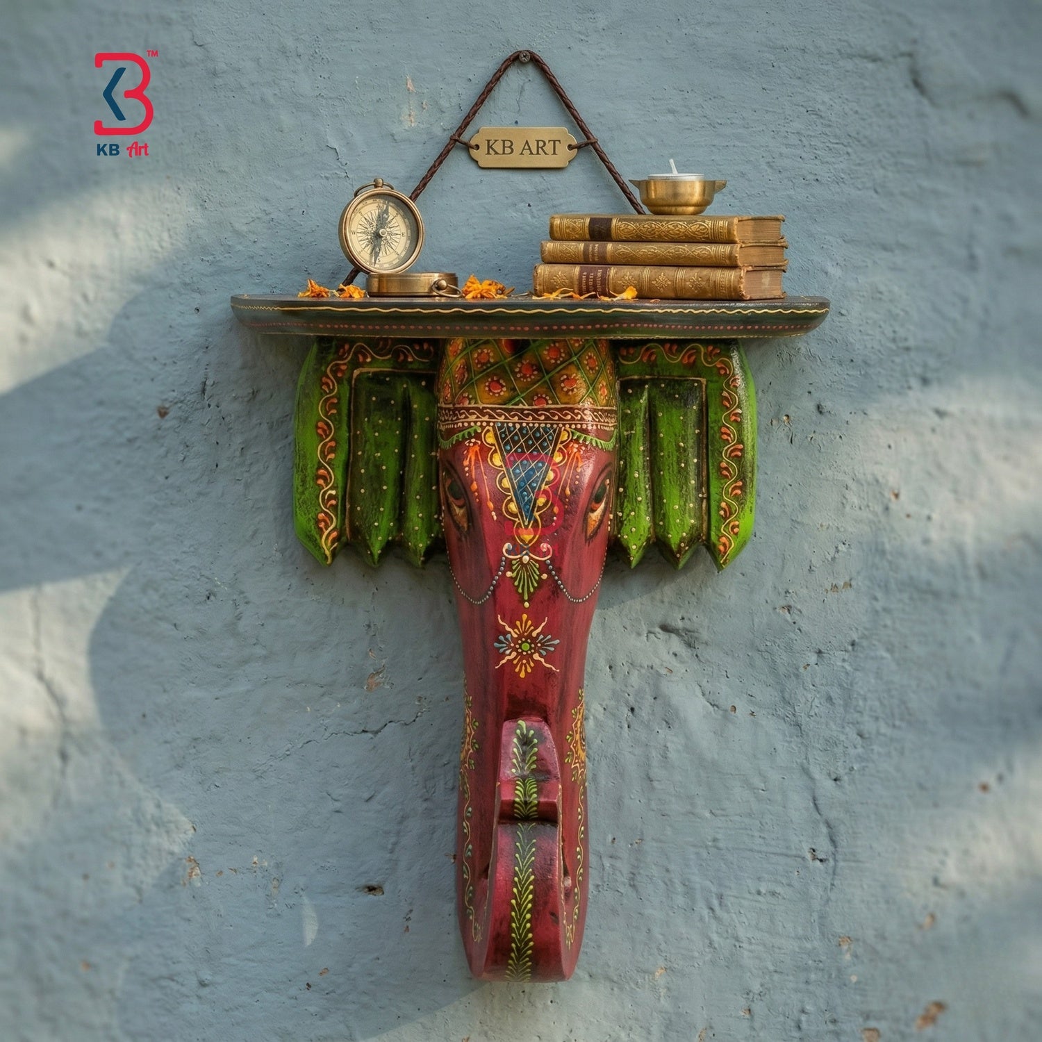 KB ART Elephant Shelf - Front View of Handcrafted Detailing - Handcrafted Wooden Decor Jodhpur