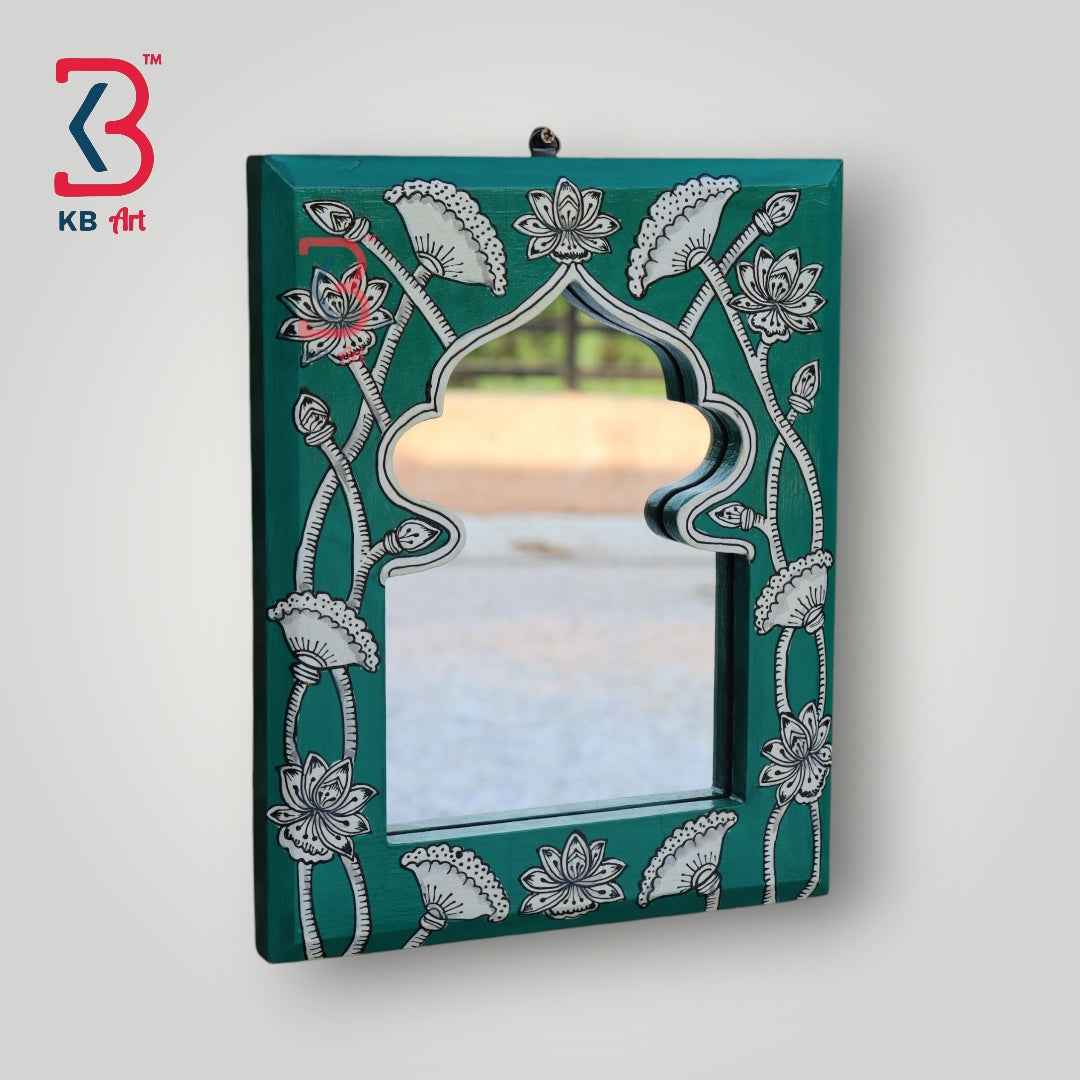 KB ART Handpainted Wooden Wall Mirror – Turquoise Pattachitra Arch Frame | Boho Jharokha Mirror | Traditional Indian Home Decor | Handpainted Wooden Wall Mirror from Jodhpur