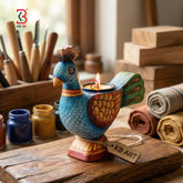 KB ART Blue Peacock Handpainted Wooden Candle Stand - Close-Up of Hand-Carved Artisan Texture - Handcrafted Wooden Decor Jodhpur
