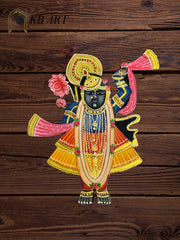 KB ART Standing Shrinathji Pichwai Wall Decor - Side Angle Showing Finish and Craftsmanship - Handcrafted Wooden Decor Jodhpur