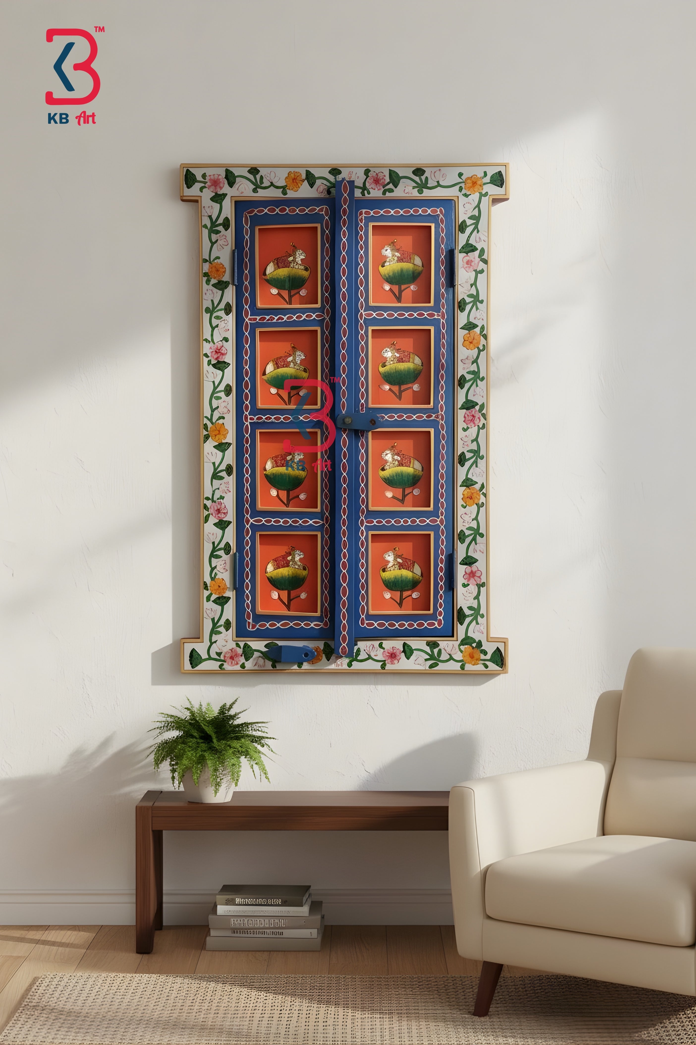 KB ART Jharokha Pichwai Mirror Wall Decor - Front View of Handcrafted Detailing - Handcrafted Wooden Decor Jodhpur
