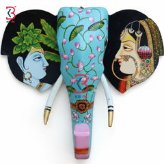 KB ART Wooden Elephant Head 15inches Pichwai - Front View of Handcrafted Detailing - Handcrafted Wooden Decor Jodhpur