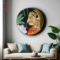 KB ART 12x12 Inch Round Handpainted Wooden Pichwai Wall Plate – Radha Rani Face Art on Black Base – Traditional Rajasthani Wall Decor
