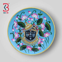 KB ART 12x12 Inch Wooden Handcarved Pichwai Shrinathji Wall Plate | Handpainted Blue Pichwai Art | Traditional Indian Wall Decor