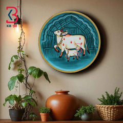 KB ART 12x12 Inch Round Wooden Pichwai Cow Wall Plate | Handpainted Blue Lotus Cow Art | Traditional Indian Home Decor