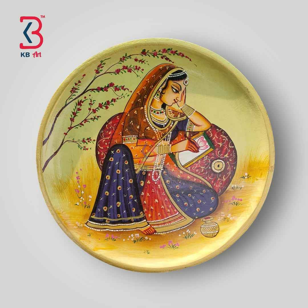 KB ART 12x12 Inch Round Handpainted Wooden Pichwai Wall Plate – Traditional Rajasthani Lady Writing on Book – Cream Base Wall Decor