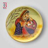 KB ART 12x12 Inch Round Handpainted Wooden Pichwai Wall Plate  – Traditional Rajasthani Lady Writing on Book – Cream Base Wall Decor