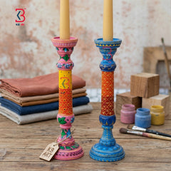KB ART Colorful Handpainted Wooden Pillar Candle Holders - Close-Up of Hand-Carved Artisan Texture - Handcrafted Wooden Decor Jodhpur