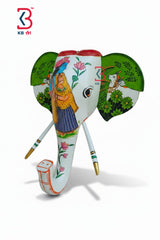 KB ART Wooden Elephant Head Radha Krishna 18inches - Front View of Handcrafted Detailing - Handcrafted Wooden Decor Jodhpur