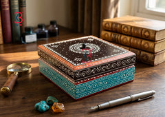 KB ART Wooden Hand Painted Square Jewelry Box - Front View of Handcrafted Detailing - Handcrafted Wooden Decor Jodhpur