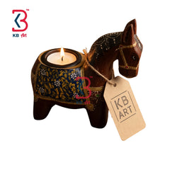 KB ART Royal Horse Handpainted Wooden Candle Holder - Front View of Handcrafted Detailing - Handcrafted Wooden Decor Jodhpur