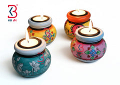 KB ART Wooden Round Matki Tlight Holder - Close-Up of Hand-Carved Artisan Texture - Handcrafted Wooden Decor Jodhpur