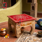 KB ART Traditional Red Handpainted Chowki Stool - Close-Up of Hand-Carved Artisan Texture - Handcrafted Wooden Decor Jodhpur
