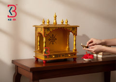 KB ART Wooden Golden Temple Pooja Mandir - Styled Display in Home Interior Setting - Handcrafted Wooden Decor Jodhpur