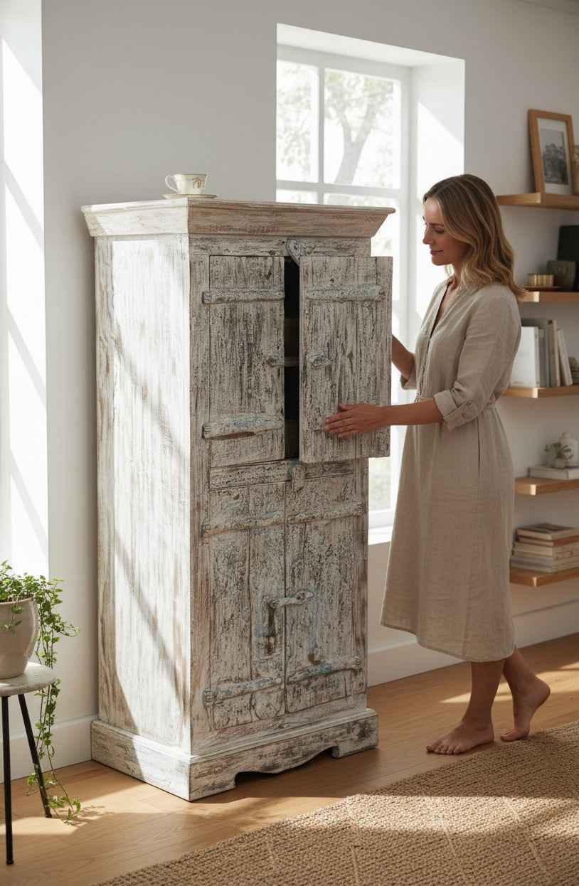 Matte Finish Antique Cabinet, Genuine Vintage Solid Wood Furniture Hand-Restored in India by Skilled Rajasthani Artisan Craftsmen
