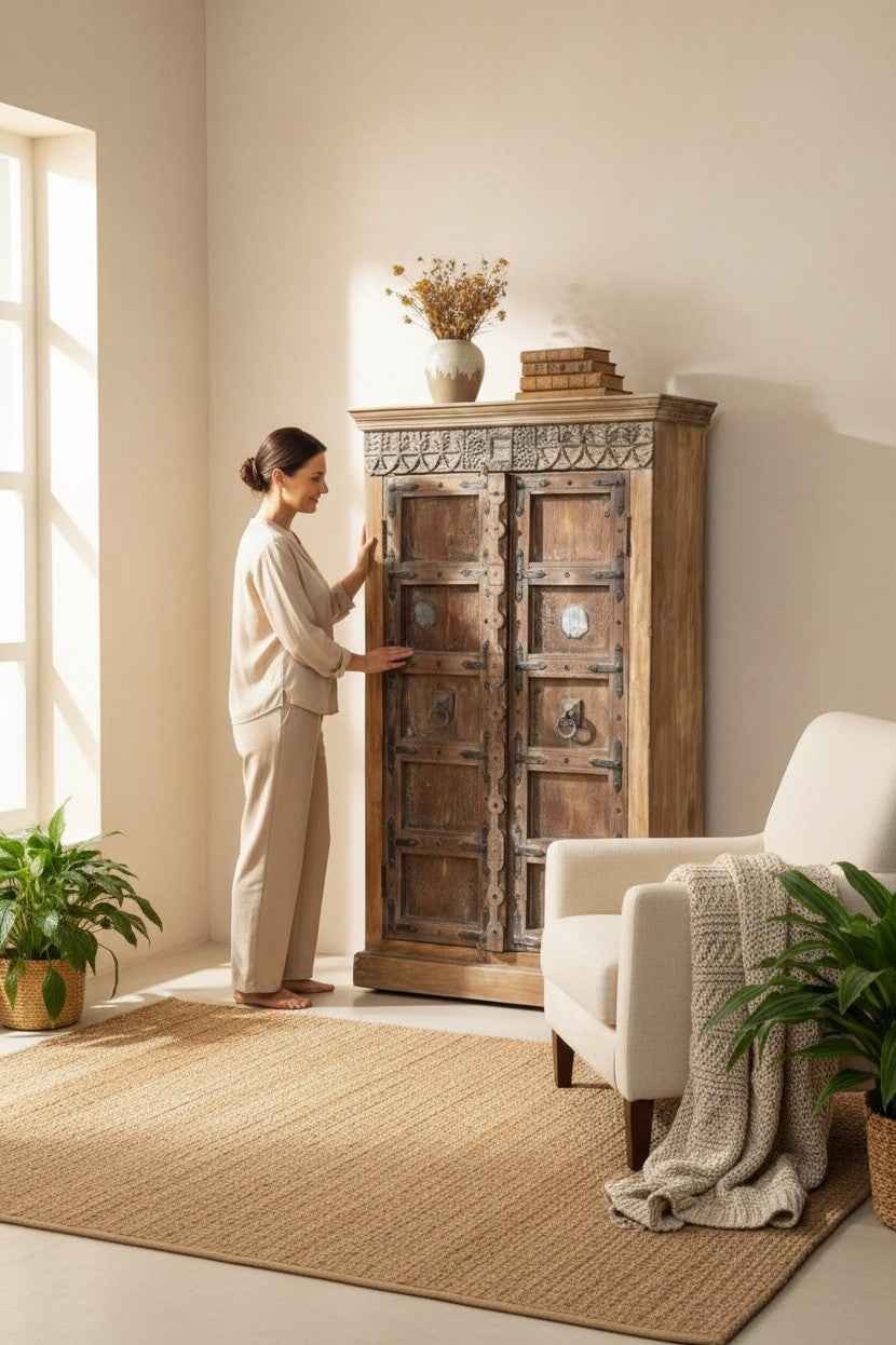 India Heritage Reclaimed Wood Jharokha Cabinet | Genuine Reclaimed Wood Construction, Hand-Carved and Restored, One-of-a-Kind Vintage Statement Piece