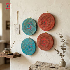 KB ART hand-carved wooden mandala wall plates set of 4 rustic antique finish