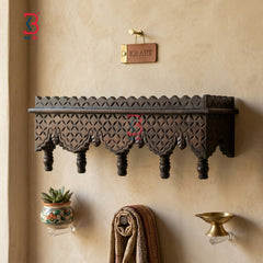 KB ART Dark Brown Scalloped Wall Shelf - Close-Up of Hand-Carved Artisan Texture - Handcrafted Wooden Decor Jodhpur