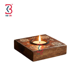KB ART Lotus Etched Square Tlight Candle Holder - Front View of Handcrafted Detailing - Handcrafted Wooden Decor Jodhpur