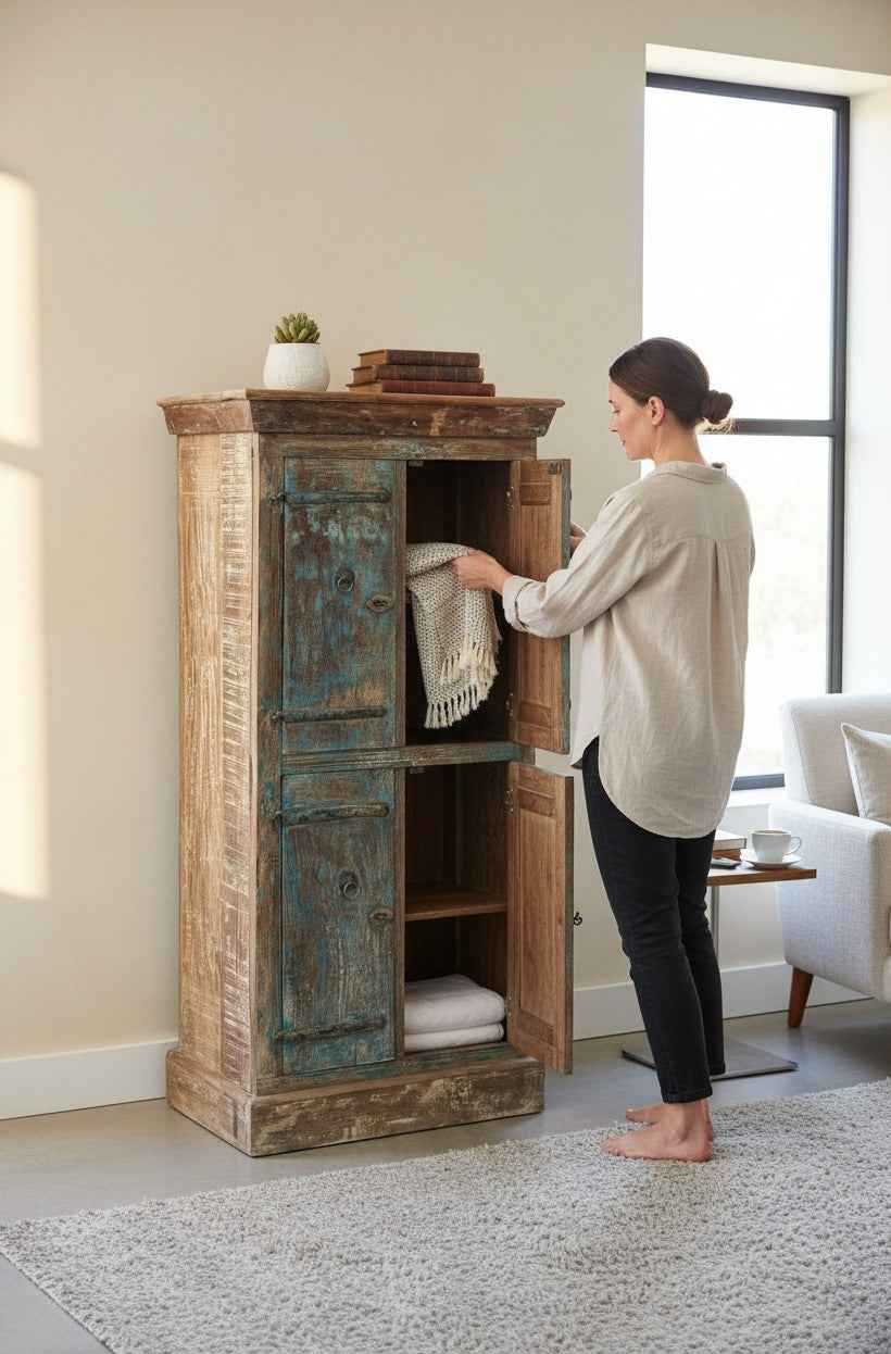 Authentic Solid Wood Antique Wood Specimen Cabinet from India - Traditionally Hand-Finished, No Two Pieces Alike, Sustainable Antique Furniture