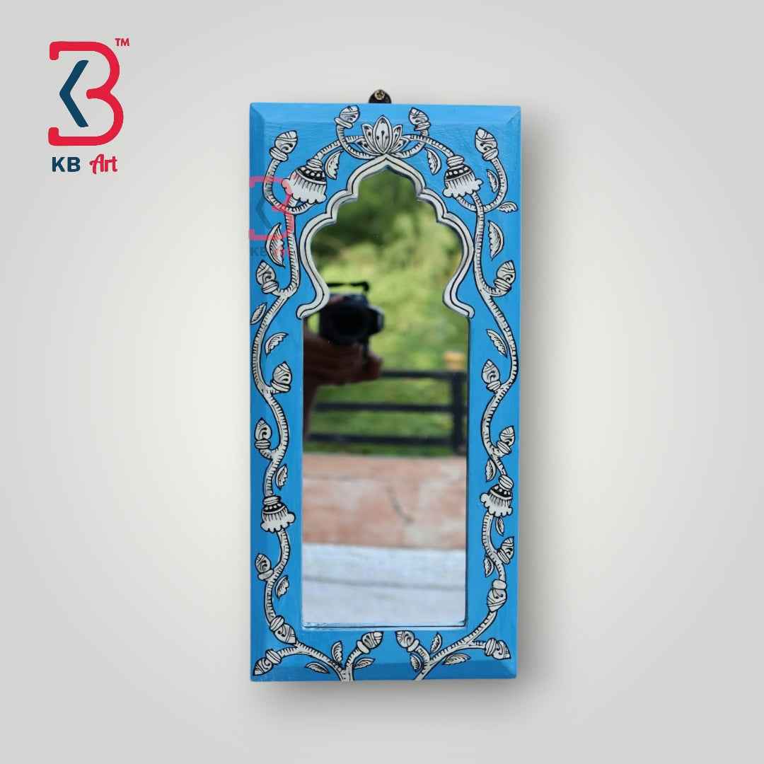 KB ART Handpainted Wooden Wall Mirror – Jodhpuri Blue Pattachitra Arch Frame | Boho Jharokha Mirror | Traditional Indian Home Decor