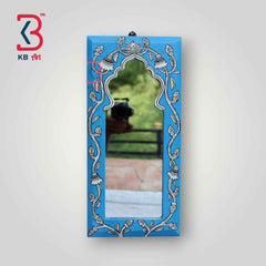 KB ART Handpainted Wooden Wall Mirror – Jodhpuri Blue Pattachitra Arch Frame | Boho Jharokha Mirror | Traditional Indian Home Decor