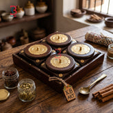 KB ART Luxury Wooden Dry Fruit Box Set with 4 Bowls and Serving Tray - Brass Inlay Work