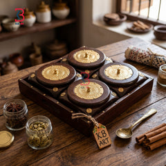 KB ART Luxury Wooden Dry Fruit Box Set with 4 Bowls and Serving Tray - Brass Inlay Work