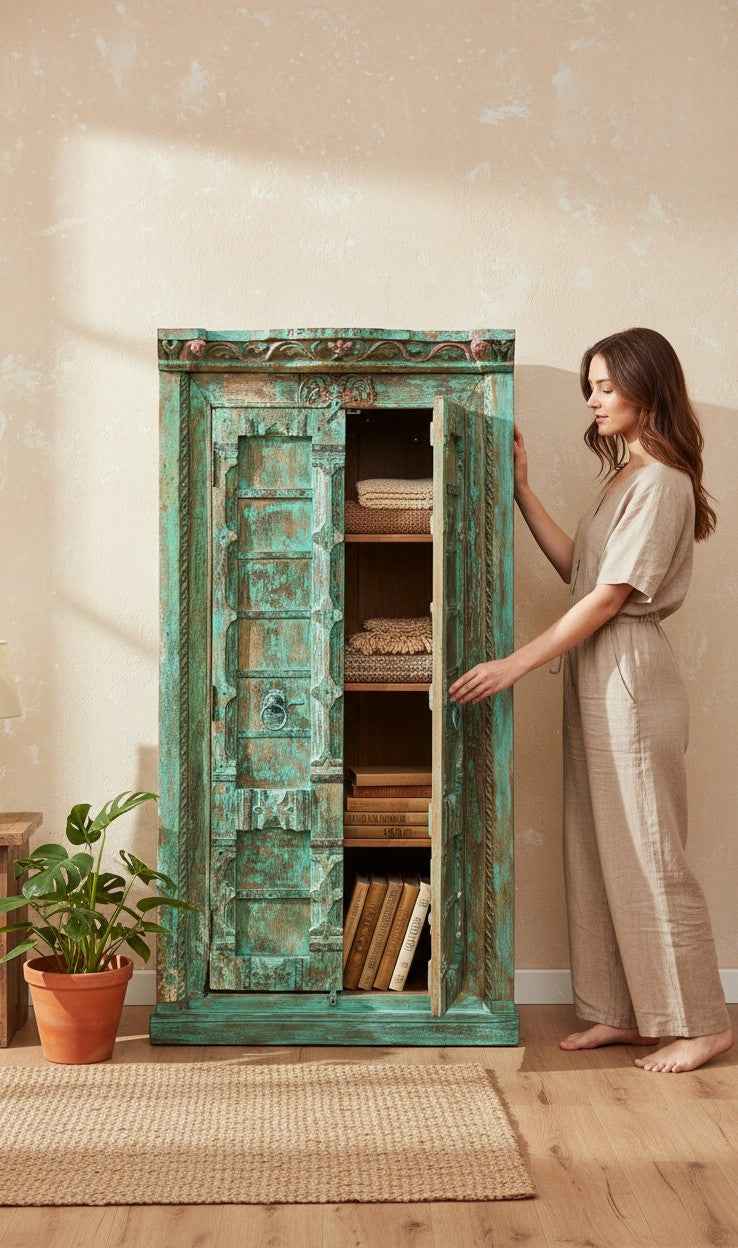 Handcrafted Double Door Antique Armoire in Solid Wood - Authentic India Antique Furniture, Individually Restored by Jodhpur Craftsmen
