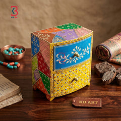 KB ART Wooden 2 Drawer Box Square - Close-Up of Hand-Carved Artisan Texture - Handcrafted Wooden Decor Jodhpur