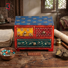 KB ART Wooden 3 Drawer Square Box - Close-Up of Hand-Carved Artisan Texture - Handcrafted Wooden Decor Jodhpur
