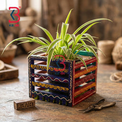 KB ART Vibrant Handpainted Wooden Slatted Planter Box - Close-Up of Hand-Carved Artisan Texture - Handcrafted Wooden Decor Jodhpur