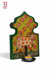KB ART Wooden Pichwai Tlight Holder Wall Decor - Front View of Handcrafted Detailing - Handcrafted Wooden Decor Jodhpur