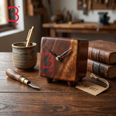 A square wooden clock with a warm medium-brown finish and brass hands, featuring a red and blue 'KB Art' logo on the front. It sits on a rustic wooden table next to a ceramic cup with a pen, a small carving knife, and stacked antique books, with a paper tag reading 'KB ART' hanging from its side.