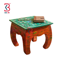 KB ART Vibrant Floral Handpainted Wooden Side Table - Front View of Handcrafted Detailing - Handcrafted Wooden Decor Jodhpur