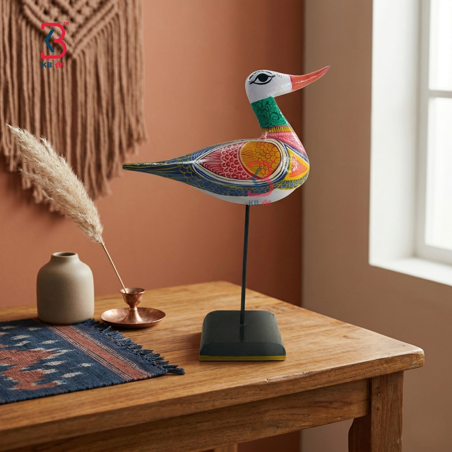 KB ART Wooden Duck Big Stand Pattachitra - Close-Up of Hand-Carved Artisan Texture - Handcrafted Wooden Decor Jodhpur