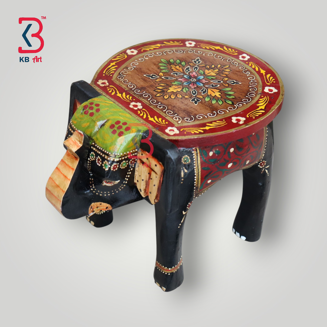 KB ART Handpainted Wooden Elephant Stool – 8 Inch Black & Red Misri Art | Handcarved Antique Look Home Decor & Gifting